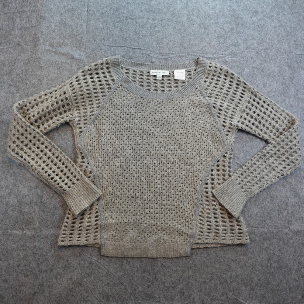 White Warren Sweater Womens Medium Gray Cashmere Open Knit Long Sleeve Crew Luxe